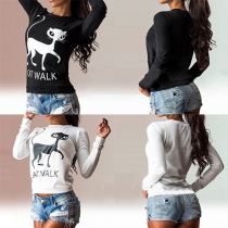 Fashion Long Sleeve Round Neck Little Cat Printed T-shirt