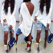 Sexy Backless Long Sleeve Slit Hem Loose Tops