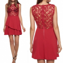 Sexy Hollow Out Lace Spliced Sleeveless Round Neck Dress