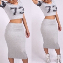 Fashion Short Sleeve Round Neck Tops + High Waist Bust Skirt Two-piece Set