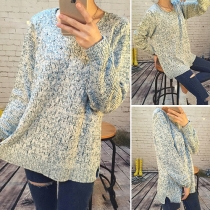 Fashion Mixed Color Long Sleeve Round Neck Knit Sweater