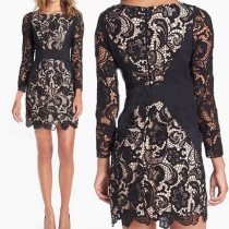 Sexy Hollow Out Lace Spliced Long Sleeve Slim Fit Party Dress