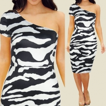 Sexy Oblique Shoulder Zebra Printed Bodycon Dress