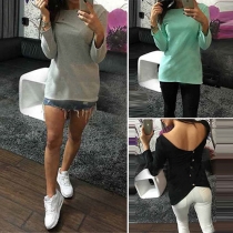 Sexy V-shaped Backless Long Sleeve Solid Color T-shirt