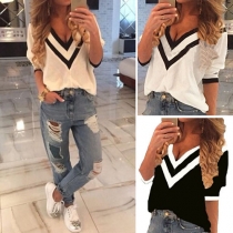 Fashion Contrast Color V-neck Short Sleeve Loose Tops