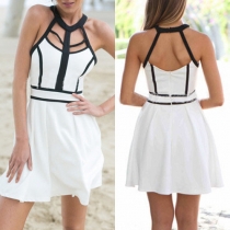 Sexy Backless High Waist Contrast Color Sling Dress