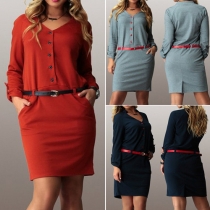 Fashion Solid Color Long Sleeve V-neck Dress with Waistband