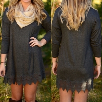 Fashion Solid Color Long Sleeve Round Neck Lace Spliced Hem Dress