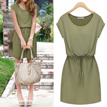 Fashion Solid Color Short Sleeve Round Neck Gathered Waist Dress
