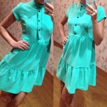 Fashion Solid Color Short Sleeve Stand Collar Dress