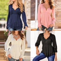 Fashion Solid Color Long Sleeve V-neck Tops