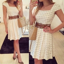 Sweet Style Short Sleeve Square Collar Gathered Waist Hollow Out Dress