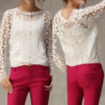 Sexy Hollow Out Lace Long Sleeve Round Neck Tops