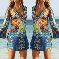 Sexy Deep V-neck Long Sleeve Printed Dress