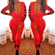 Fashion Letters Printed Long Sleeve Slim Fit Jumpsuits