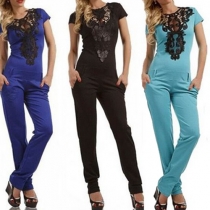 Sexy Backless Lace Spliced V-neck Short Sleeve Slim Fit Jumpsuits