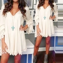 Sexy V-neck Long Sleeve Lace Spliced Hem Loose Dress