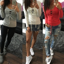 Sexy Lace-up Deep V-neck Long Sleeve Solid Color T-shirt