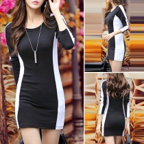 OL Style Long Sleeve Round Neck Slim Fit Contrast Color Dress