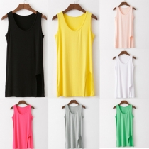 Casual Style Solid Color Round Neck Slit Hem Tank Tops
