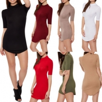 Fashion Solid Color Short Sleeve Irregular Hem Slim Fit Dress