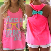 Fashion Letters Printed Sleeveless Round Neck Bowknot T-shirt