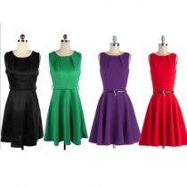 Elegant Solid Color Sleeveless Round Neck Dress