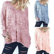 Sexy Backless V-neck Long Sleeve Loose T-shirt