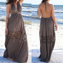 Sexy Backless Deep V-neck Hollow Out Lace Spliced Maxi Dress