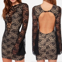 Sexy Backless Hollow Out Lace Spliced Trumpet Sleeve Party Dress