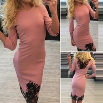 Sexy Lace Spliced Long Sleeve Round Neck Slim Fit Dress
