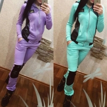 Fashion PU Leather Spliced Long Sleeve Hooded Sports Suit