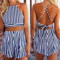 Sexy Backless Crop Tops + High Waist Shorts Striped Two-piece Set