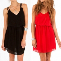 Fashion Solid Color Gathered Waist Sling Chiffon Dress