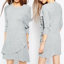 Fashion Solid Color 3/4 Sleeve Round Neck Flouncing Dress