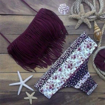 Sexy Tassel Bra + Printed Briefs Bikini Set