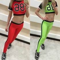 Sport Style Letters Printed Short Sleeve Tops + High Waist Pants Sports Suit