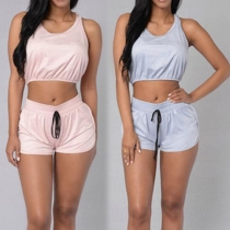 Sexy Sleeveless Hooded Crop Tops + High Waist Shorts Two-piece Set