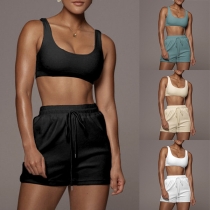 Sexy Low-cut U-neck Tank Tops + High Waist Shorts Two-piece Set