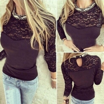 Sexy Hollow Out Lace Spliced Long Sleeve T-shirt