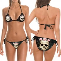 Sexy 3D Skull Head Printed Halter Bikini Set