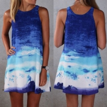 Fashion Sleeveless Round Neck Color Gradient Tie-dye Printed Dress
