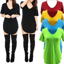 Fashion Solid Color Short Sleeve V-neck Irregular Hem T-shirt Dress