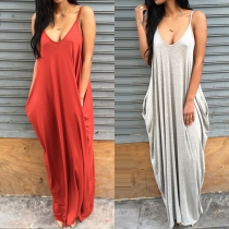 Sexy Backless V-neck Solid Color Sling Loose Maxi Dress