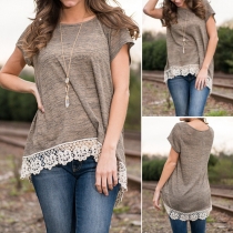 Fashion Short Sleeve Round Neck Lace Spliced High-low Hem T-shirt
