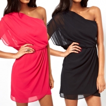 Sexy One-shoulder Solid Color Chiffon Dress