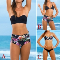 Sexy Bandeau Bra + High Waist Floral Print Briefs Bikini Set