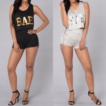 Sexy Sleeveless Side Hollow Out Crop Tops + High Waist Shorts Two-piece Set