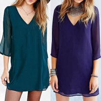Sexy Backless V-neck 3/4 Sleeve Solid Color Chiffon Dress