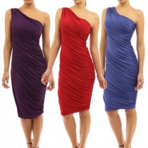 Sexy One-shoulder Solid Color Slim Fit Party Dress